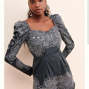 Anthropologie Rococo Sand Navy Blue Bandana Long Sleeve Romper SZ M
